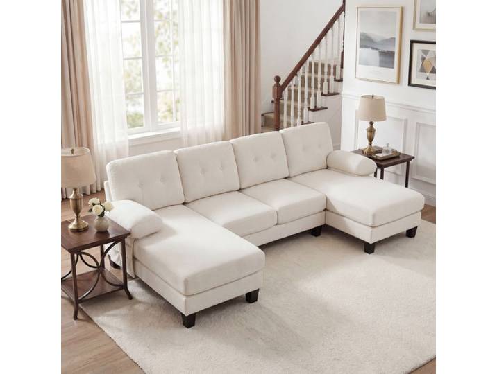 Canapé d'angle U convertible 4 places - ZEVKOR - U Convertible - Chaise longue réversible - Tissu beige - Poches latérales