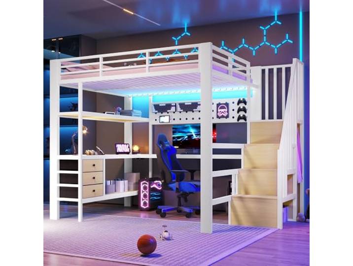 BTM Hochbett Jugendliche 140x200 mit Schreibtisch und LED, Stauraum Weiß