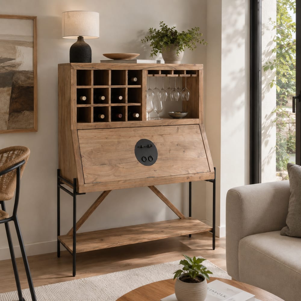 NIYLO Mueble bar en acacia marrón 120x45x145 cm