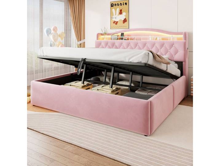 WUVRIE Lit rembourré 180 x 200 cm avec coffre hydraulique velours rose LED USB et USB-C strass