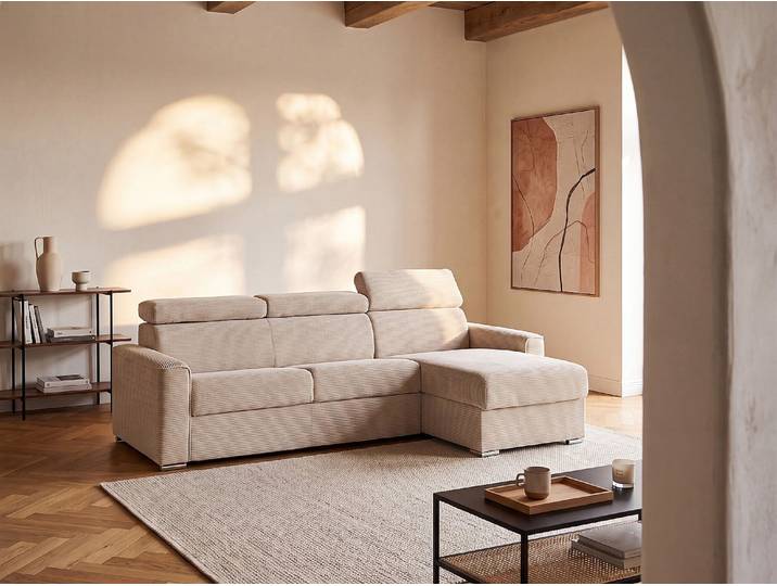 Ecksofa mit Matratze - Ecke wechselbar - Cord - Beige - Liegefläche mit Lattenrost mit breiten Latten 160 cm - Matratze 22 cm - Memory Schaum - VIZIR