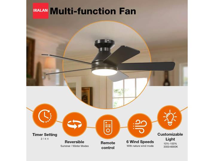 Ventilateur de plafond moderne IRALAN avec lumière LED silencieuse et télécommande, lampes d'éclairage LED pour chambre, cuisine, salon