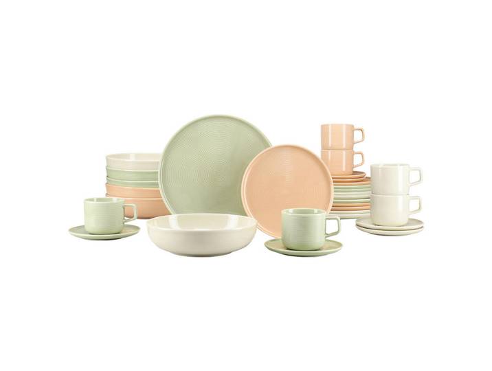 Creatable Kombiservice Session Romance, Creme, Salbeigrün, Lachsfarben, Keramik, 30-teilig, 250 ml,250 ml,900 ml, stapelbar, Geschirr, Geschirrsets, Kombiservice
