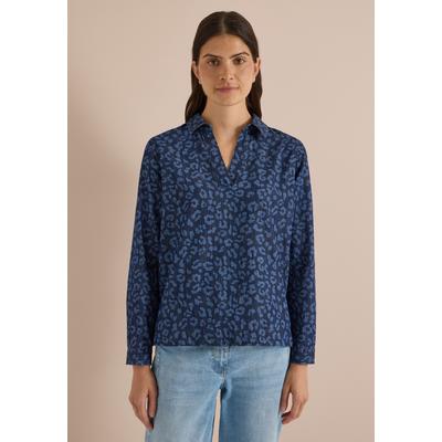 Klassische Bluse CECIL, Damen, Gr. 3XL, blau (dunkelblau wash), Web, 100% Baumwolle, klassisch normal, V-Ausschnitt, Bündchen, Blusen Bluse, mit allover Print