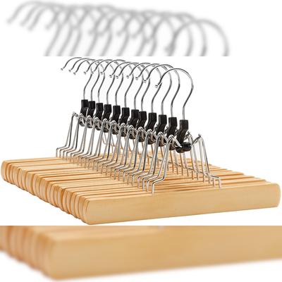 som Hosenspanner, 12 Stück, Kleiderbügel aus Holz mit Filzeinlage rutschfest mit 360 Grad drehbaren Haken, Hosenklammer, Hosenhalter, Natur