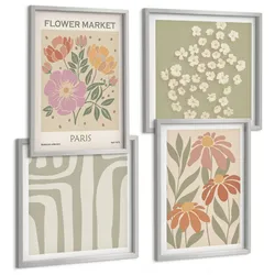 BILDER SET 4er Set - 50x50 cm & 40x60 cm Silberner Rahmen - Botanische Motive, Pariser Minimalismus