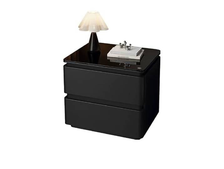 Bett mit Stauraum Moderne Möbel, Nachttischdekoration Desktop 50 x 40 x 50 cm große Tischplatte aus schwarzem Glas, Stauraum for zwei Schubladen, abgerundete Kanten