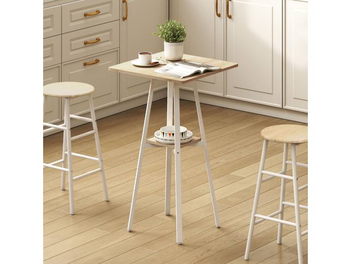 HOMCOM Table Haute Carrée 2 Pers. Métal Bois Naturel Blanc