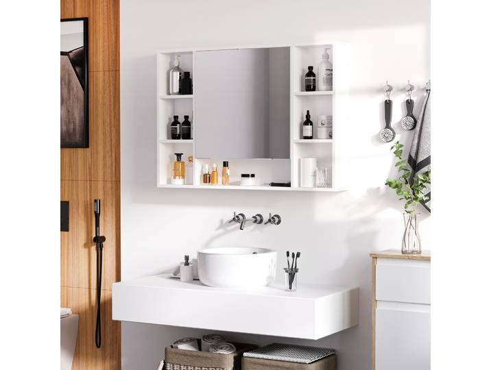 kleankin Armoire Murale Salle de Bain avec Miroir Blanc 100x70 cm