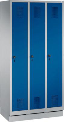 Kleiderspind Evolo S 3000, 3 Abteile, Stahl, Sockelhöhe 100 mm, Sicherheitsdrehriegelverschluss, weißaluminium/enzianblau