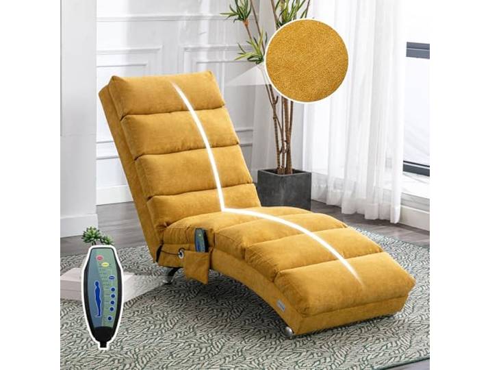 VILUXE Relaxsessel Leinen Liegesessel Massagefunktion Senfgelb Moderner Relaxsessel, ergonomischer Liegesessel, Leinenbezug, Vibrationsfunktion, Seitentasche, Wohnzimmer und Schlafzimmer