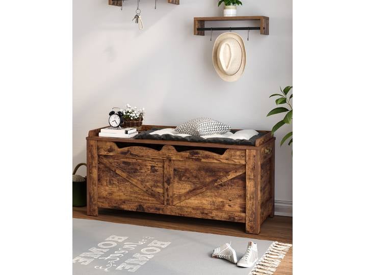 Coffre de rangement, banc de rangement extra large, coffre en bois, coffre de rangement à couvercle relevable, pour entrée, chambre, salon, marron rustique