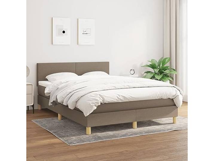 RJPLMFV Komplettes Bett, Taupe, 140 x 200 cm, Stoff Verstellbarer Kopf, Matratze mit Taschenfedern, mittlere Härte, weicher Matratzenschoner