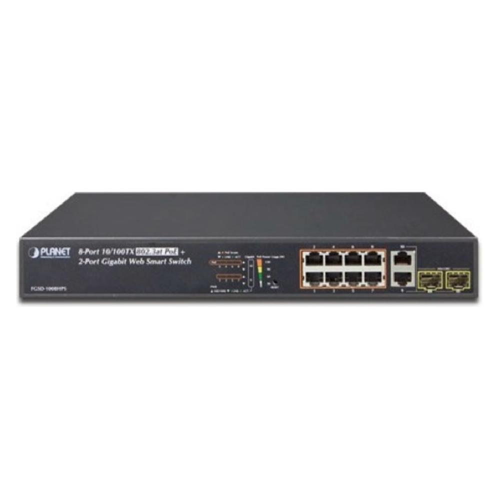 Planet Combo Managed Web Smart Ethernet Switch 8-Port 10/100TX 802.3at High Power PoE 2-Port Gigabit TP/... (8 Ports) (FGSD-1008HPS)