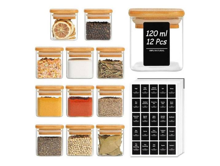 LuxusKollektion Vorratsglas 12er Set Eckige Gewürzgläser 120ml mit Holzdeckel und Etiketten, Glas