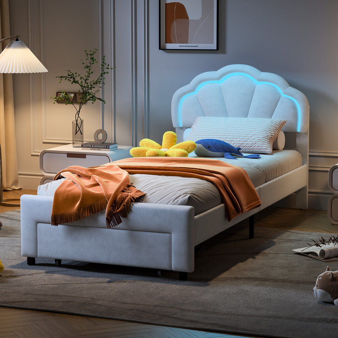 Metro Upholstered Velvet Drawers Bed Beige European Single (90 x 200 cm)