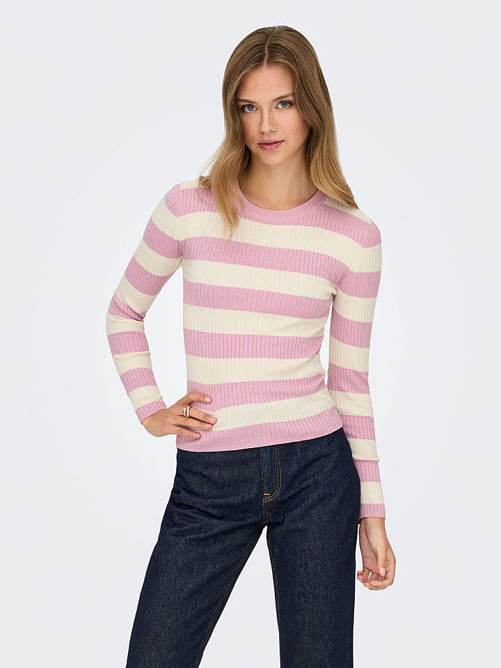 JDY Pullover in Rosa/ Weiß - XL