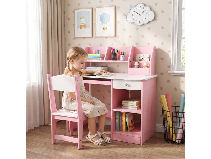 ZONEKIZ Bureau Enfant Rose 90cm avec Chaise, Tiroir et Étagères