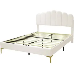OKWISH Polsterbett 140x200 cm Plattformbett Samt Kopfteil Metallfüße Lattenrost verstellbar stabil modernes Schlafzimmer Beige