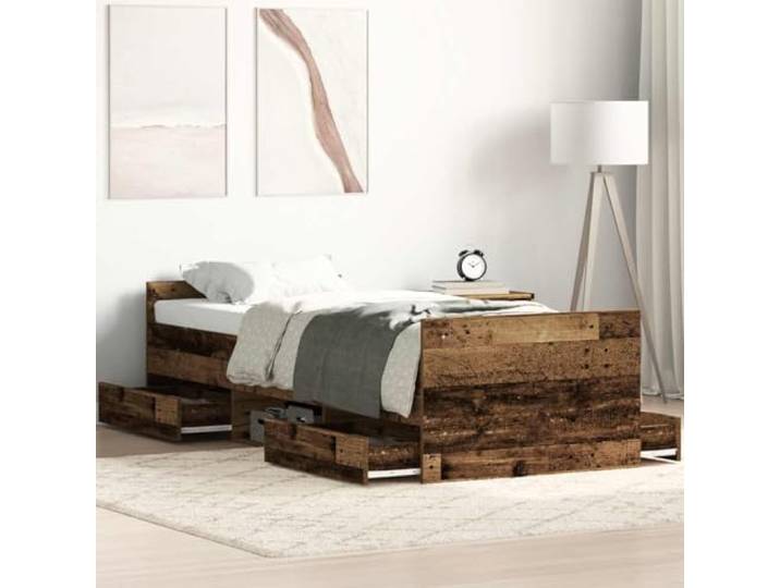 Holzwerkstoff Bettgestell mit Kopfteil Standard 100x200 cm Braun Bettgestell ohne Matratze Altholz-Optik 100x200cm Holzwerkstoff mit 4 Schubladen Stabil Bettrahmen mit Kopfteil Lattenrost