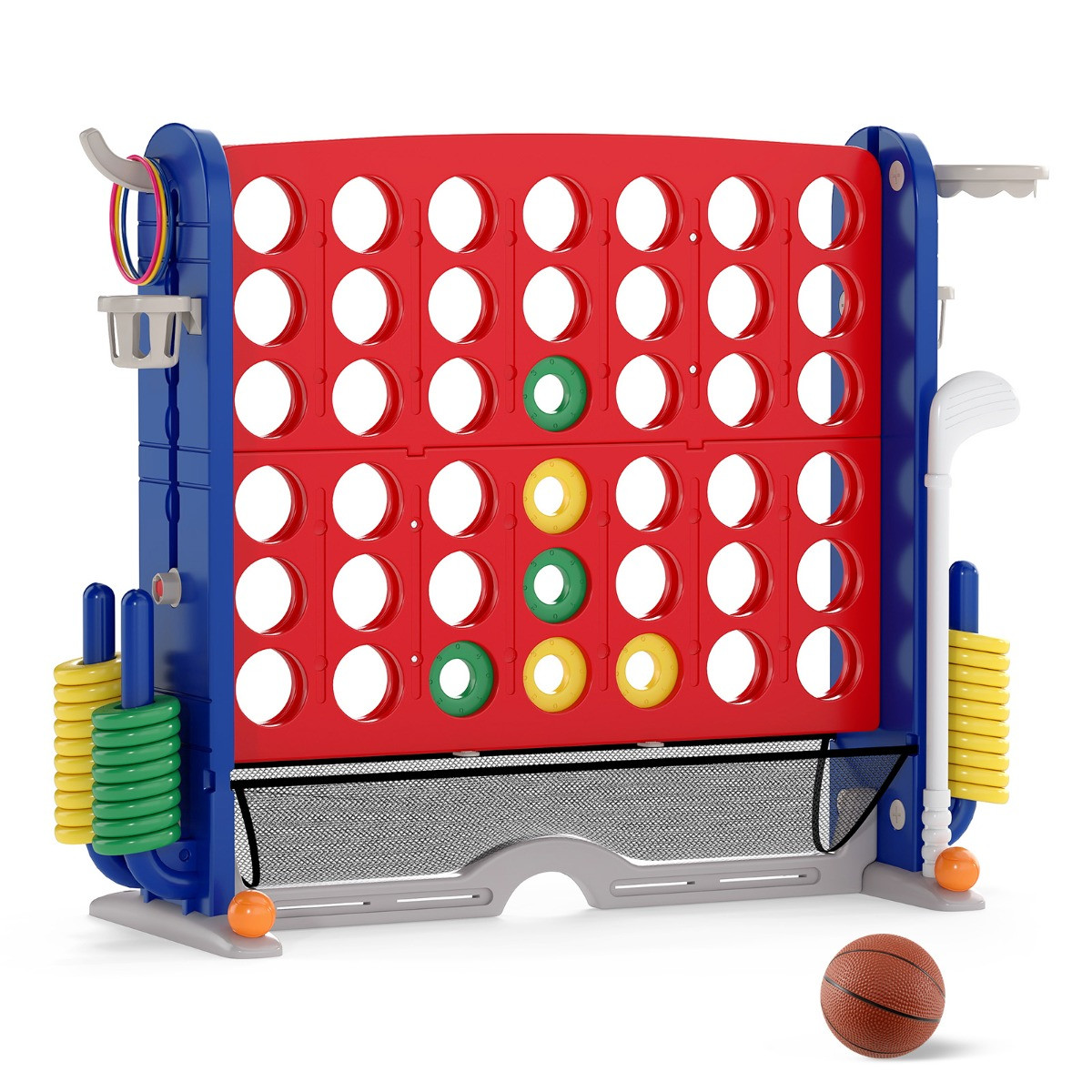 Costway 4-in-1 Spelset met Ringwerpen, Basketbalring, Golfclub en Drankhouder in het Rood met Draagtas en Hoogte Verstelbaar