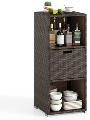 Costway Outdoor Storage Cabinet Patio Wicker Organizer with Drawer-Brown