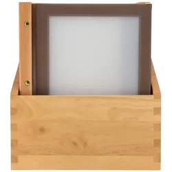 Securit® Box mit 20 Speisekartenhüllen A4 "Wood" - Braun - Holz Teak-Finish - 4 Ansichten