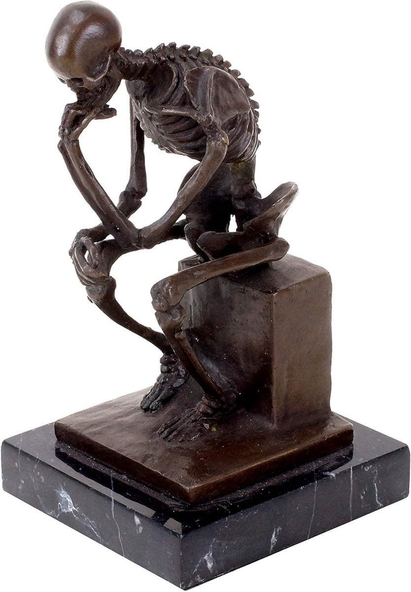 Bronzen Skelet Sculptuur Moderne Denker Interieur Decoratie Bruin Hoogte: 24.5 cm