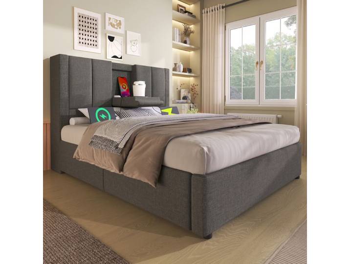 HOMVRA Lit Coffre 90x200 cm - Lit Enfant - Porte-Gobelet - Ports USB - Sommier à Lattes - Lin Gris (Sans Fond)