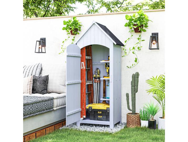 Outsunny Armoire Jardin Bois Blanc 3 Étagères Toit Pente