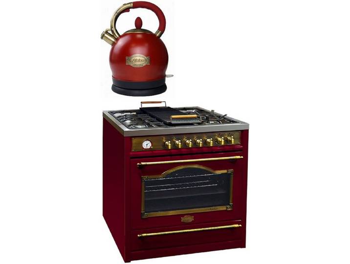Kaiser Küchengeräte Gas-Standherd Empire HGE 93555 RotEm+WK 2000 RotEm, Retro Gas Elektro Standherd 90 cm + Wasserkocher