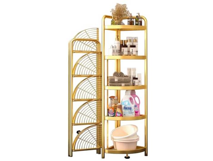 KPHYMOD Eckregal Stehend 5 Etagen Gold Metall Ecke Draht Regal, Platzsparende Klappbare Eckregale für Küche Bad Waschküche, Stehen Keine Montage