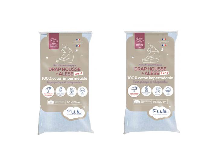 Lot de 2 draps housses bébé + alèses 2 en 1 coton imperméable gris 60x120 cm