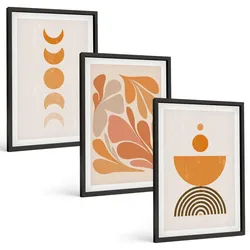 BILDER SET 3er Set - 40x60 cm Schwarzer Rahmen - Abstrakte orange Formen