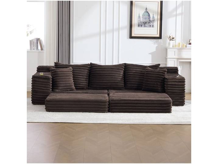 Canapé compressé convertible en canapé-lit 273x98x87 cm en corduroy marron café avec poches et porte-gobelets JOINERY