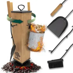 OAKAGE FireMaster Kaminbesteck  5-teilig mit Zündholzkorb Hellgrau und drehbarem...