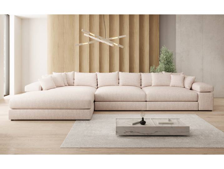 Designer Ecksofa Bernardo Maxi mit breiter Ottomane in Leinen-Optik - Grün - Leinen-Optik - Rechts - Luxusbetten24