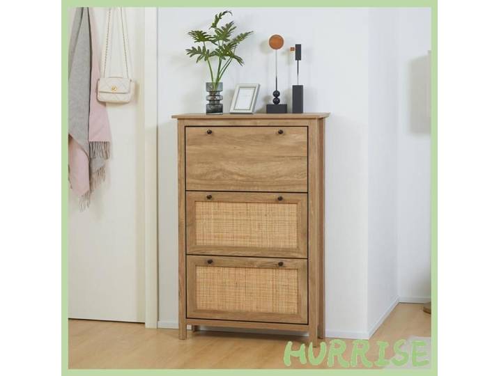 Cocosity Bois Bois Naturel - Meuble À Chaussures Étagère À Chaussures Armoire 3 Portes Abattants Effet Cannage Rotin