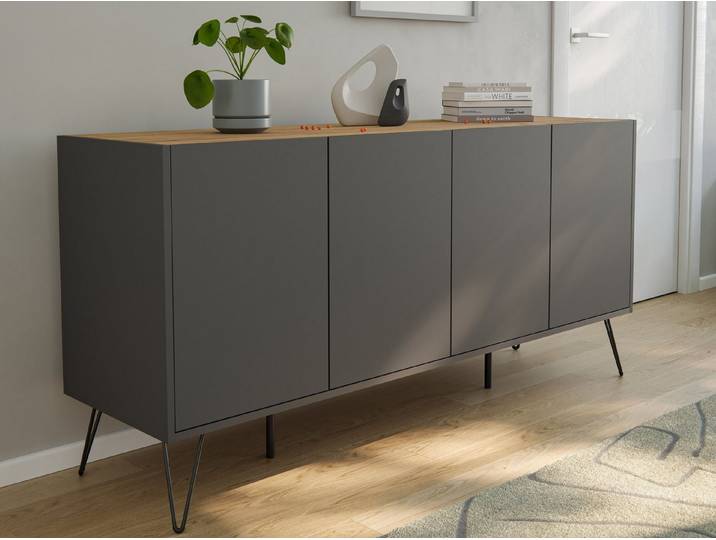 Magnolia Home Kommode Kommode Maxim 155cm stehend 4 Türen Grafit/Eiche Top