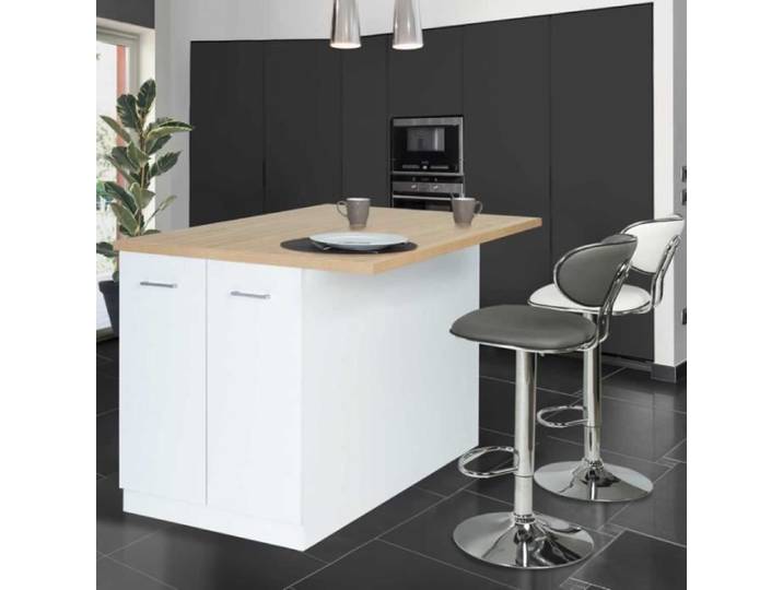IDMARKET Ilot central IVO 100 cm blanc avec plan de travail façon hêtre
