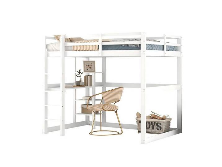 Odikalo Kinderbett Hochbett Bettgestell, Stauraum,4 Ablagefächer,Schreibtisch, Weiß/Natur