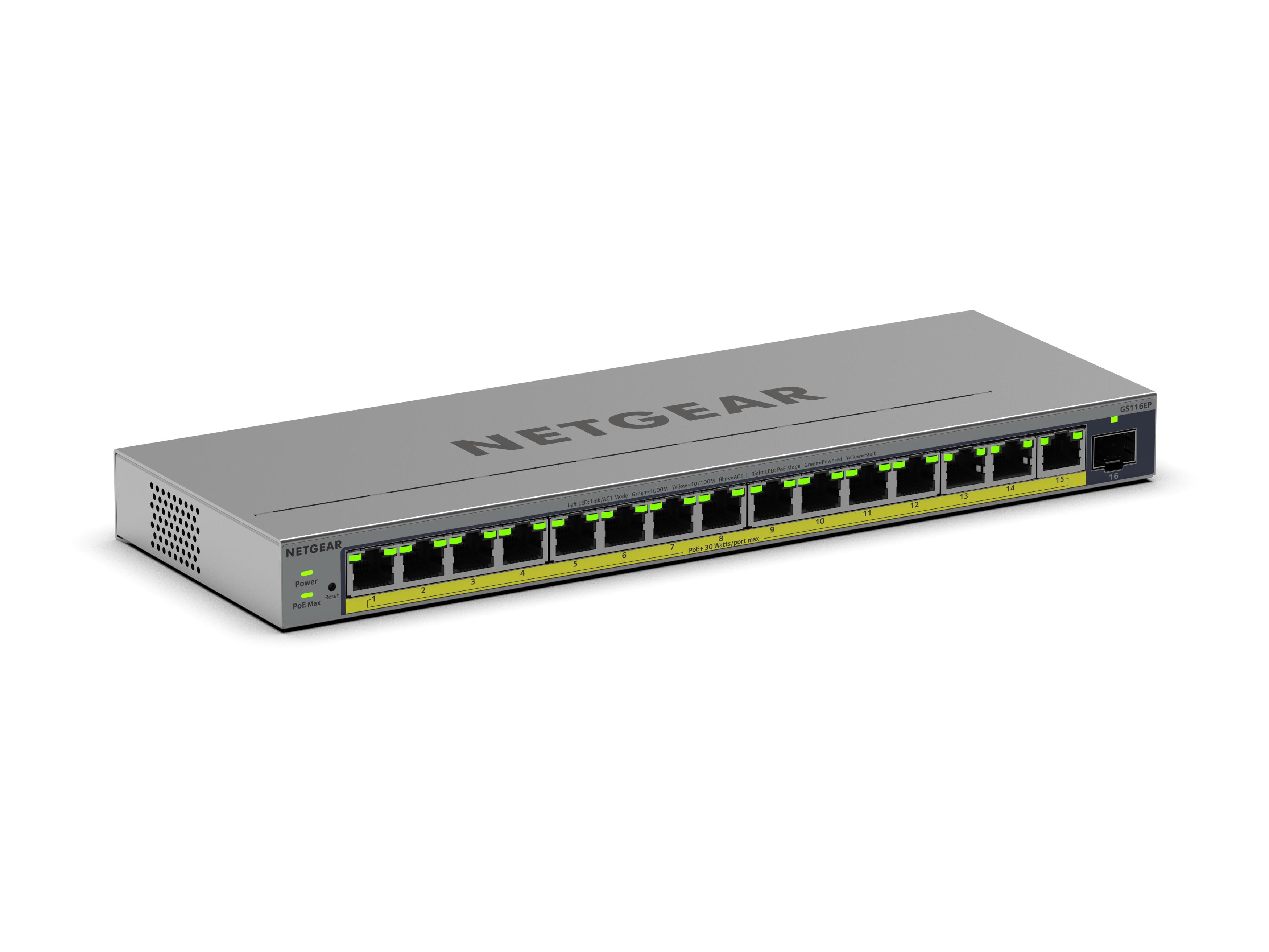 NETGEAR GS116EP 16-Port PoE+ Gigabit Ethernet Plus Switch mit PoE+ (180W) und 1 SFP Port