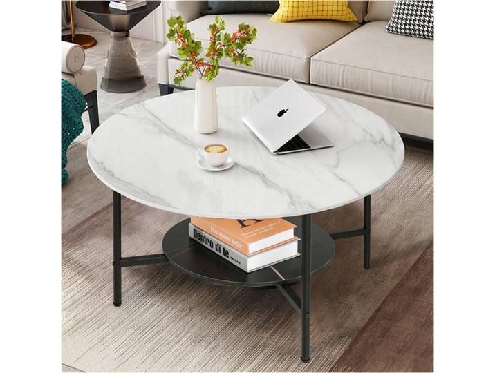 Table Basse Ronde Marbre Salon - Table Café Industrielle Design Table Basse Blanche Moderne pour Salon Bureau Café - 80x48cm