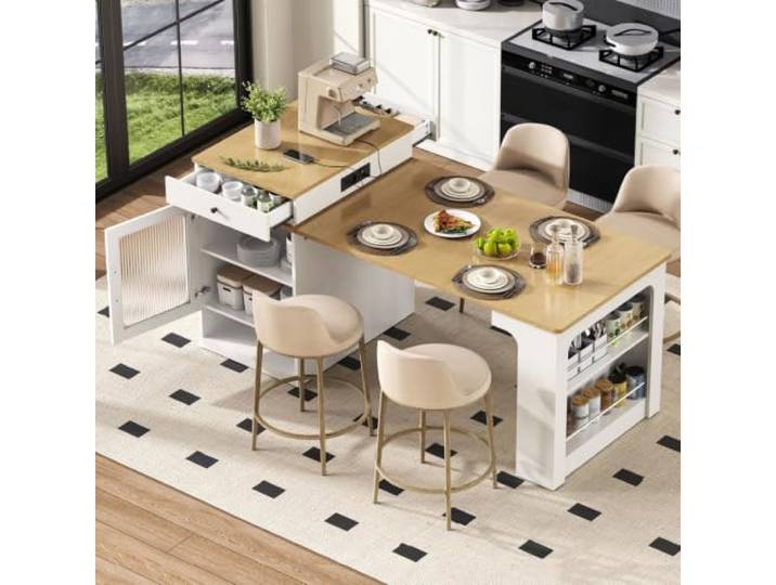 Mobile Kücheninsel Freistehend 151cm, Ausziehbarer Esstisch mit Rollen, Bartisch mit Steckdosenleisten, Sideboard, Anrichte, Schwebendes Design, Weiß