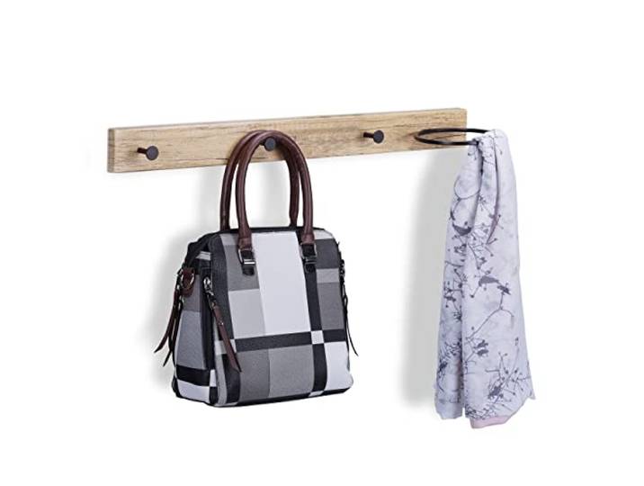 Relaxdays Portemanteau Mural avec 3 patères et Anneau\, MDF et métal\, HLP : 13x65x14\,5 cm\, Marron Clair/Noir
