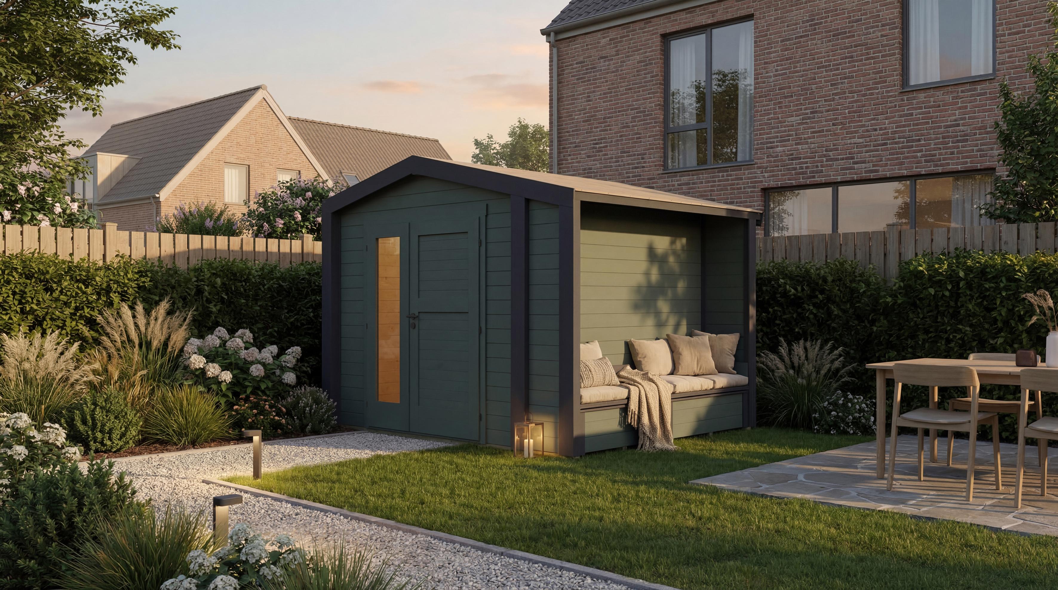 Gartenhaus Killarney, 300x250cm, Grüngrau, 28mm, seitlicher Anbau