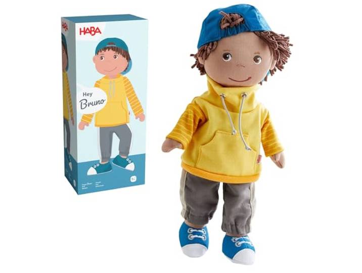 HABA Puppe Bruno – Coole 30cm Stoffpuppe für Kleinkinder – Kinderleicht an- und ausziehbar, pflegeleicht & waschbar – Ab 18 Monaten – 2011832001