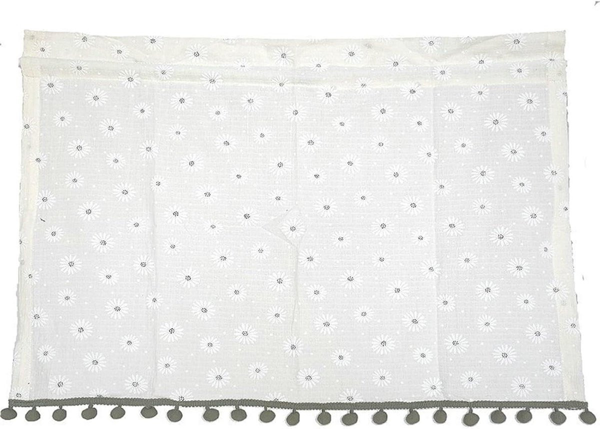 Wit grijs kort vitrage gordijn met madeliefjes en pompons, 90 x 130 cm