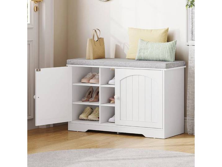 Banc à Chaussures 9 Compartiments avec Coussin Étagères Réglables Meuble Range Chaussures Blanc 80x34x55 cm