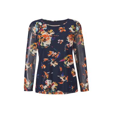 Print-Shirt GOLDNER "Kurzgröße Mesh-Shirt", Damen, Gr. 20, blau (marine, gemustert), Obermaterial: 92% Polyester PES. 8% Elasthan EL., U-Boot-Ausschnitt, normales Bündchen, Shirts, Floraler Druck